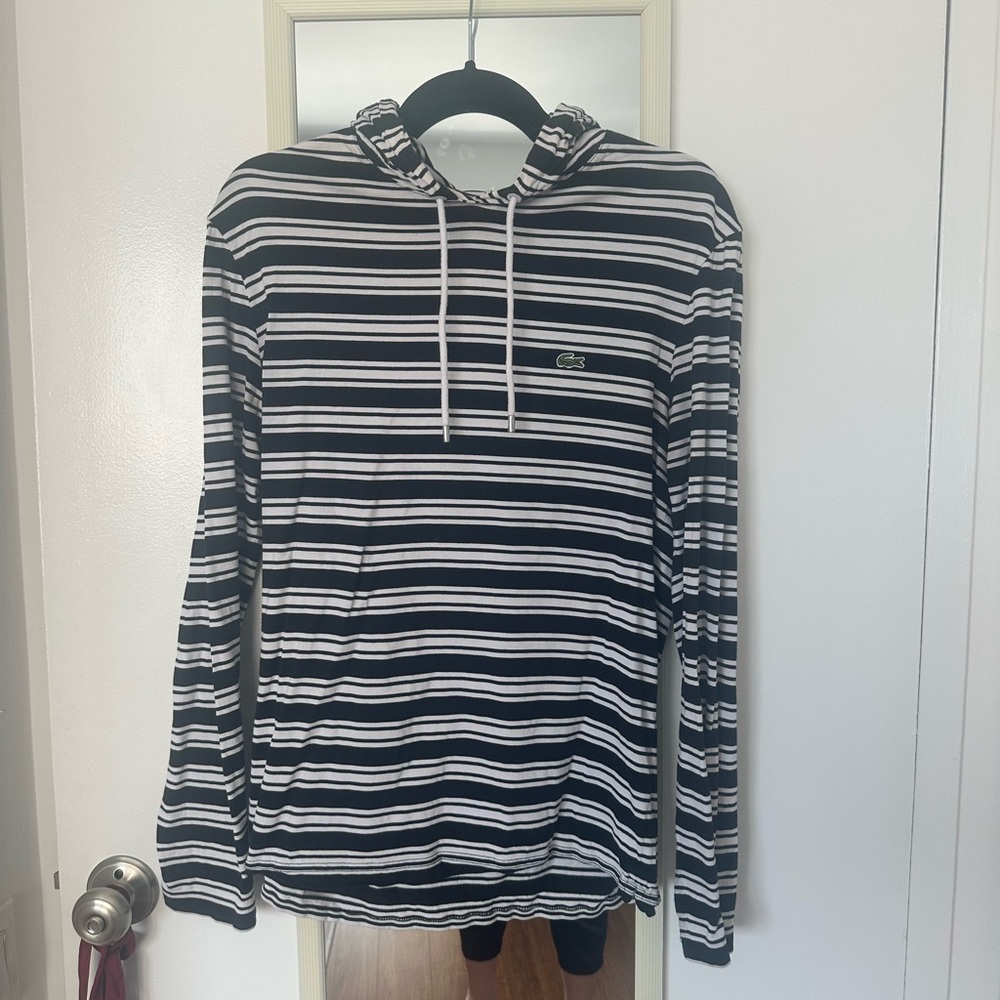 Lacoste Black and White Striped Tee Shirt Hoodie. Very lightweight